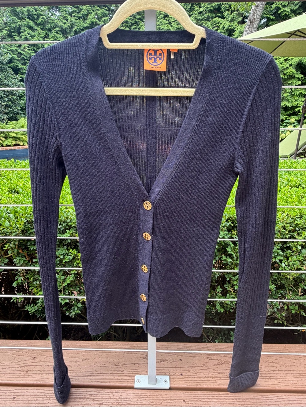Tory Burch Navy Ribbed V-Neck Logo Button Cardigan
